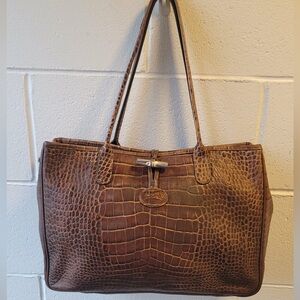 Authentic Longchamp Leather Crocodile-Embossed Tote Bag.